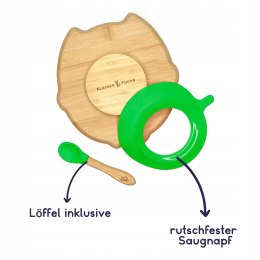 Bambusowy talerzyk w kształcie sowy z przyssawką i łyżeczką